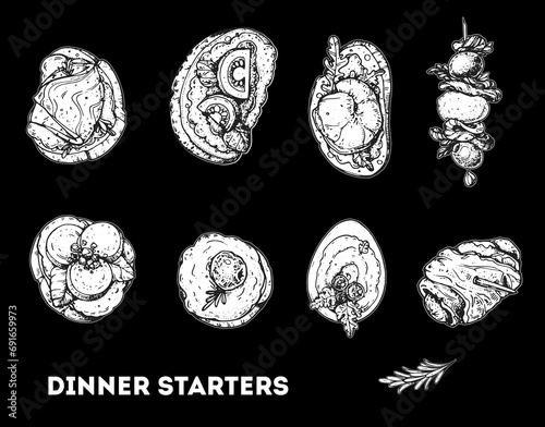 Finger food set. Hand drawn sketch. Vector illustration. Brushetta set. Dinner starters. Variety of small sandwiches. Snack collection.