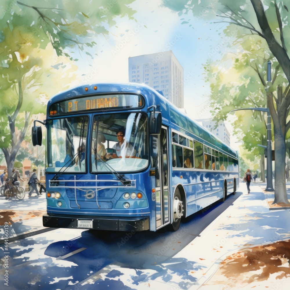 Watercolor a blue bus full of passengers on a city street. AI generate illustration