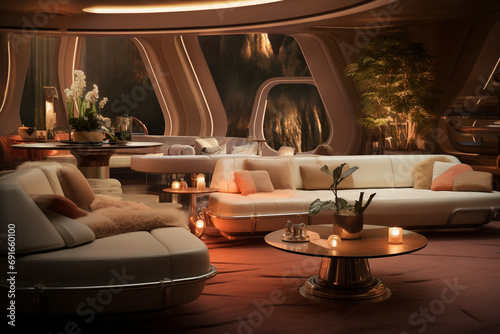 Futuristic Retreat: Sunlit Relaxation in a Cozy Bar Area with Plush Sofas, Earth-Toned Cushions, and Floral Elegance. 