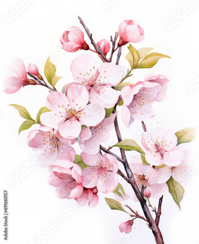 One branch of blooming garden pink sakura on white background. Watercolor drawing  colorful illustration. Spring Japanese Holiday Concept.  Close-up.