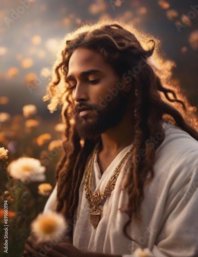 Jesus Christ with eyes closed in nature