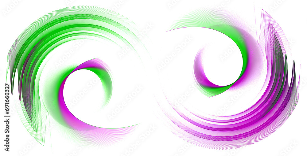 Wavy and spiral magenta-green striped elements rotate on a white background. Icon, logo, symbol, sign. Set. 3D rendering. 3D illustration. Wavy and spiral magenta-green striped elements rotate on a white background. Icon, logo, symbol, sign. Set. 3D rendering. 3D illustration.