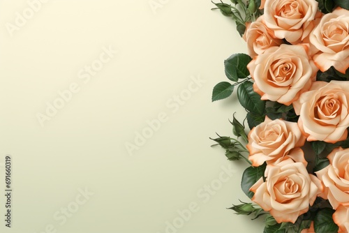 Forest Green Roses Flower Border Over a Peach Background With Copy Space. Copy space.