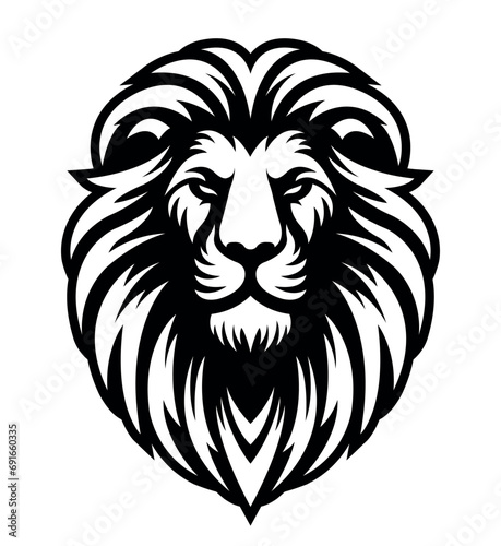 Fototapeta Naklejka Na Ścianę i Meble -  Lion head vector line art illustration isolated on dark and white background. Lion face and mane business logo design template.