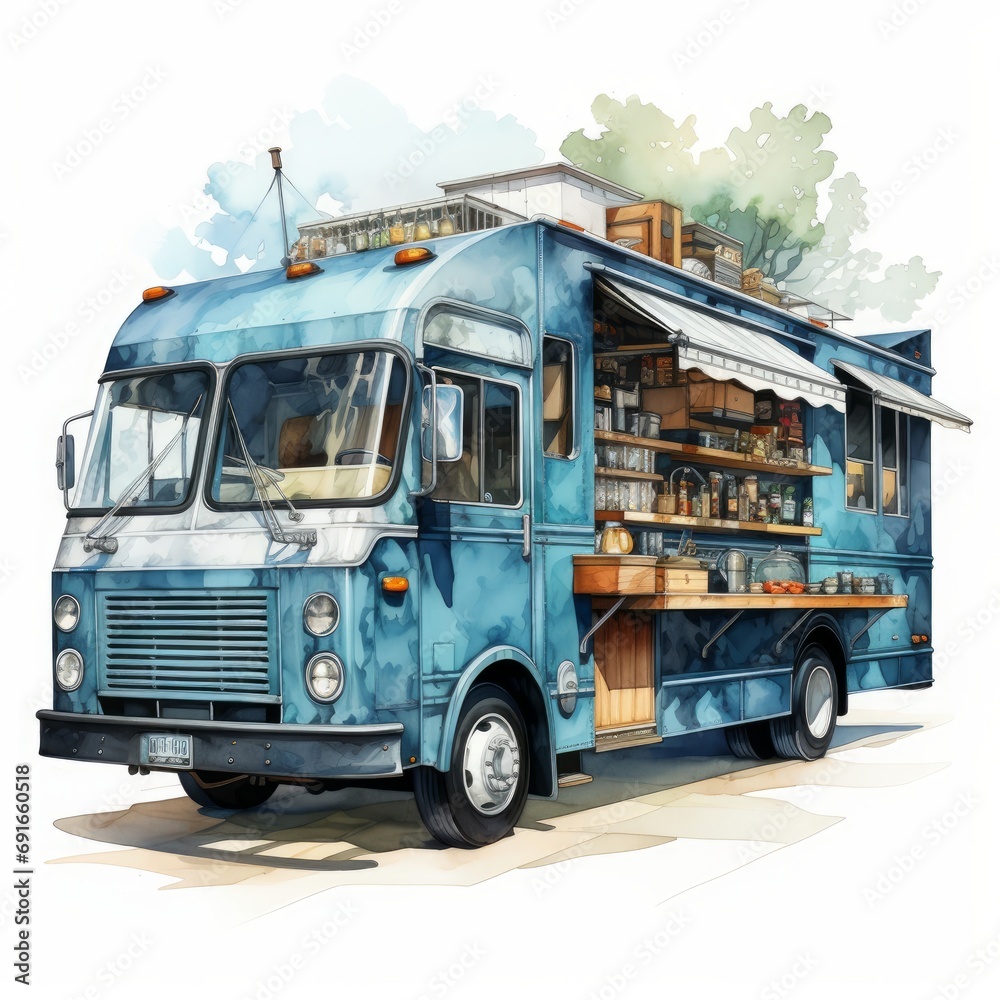Watercolor a blue food truck serving delicious meals. AI generate illustration