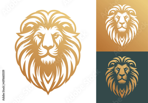 Lion head company logo vector line art illustration on black and white background. Lion face and mane business logo design.