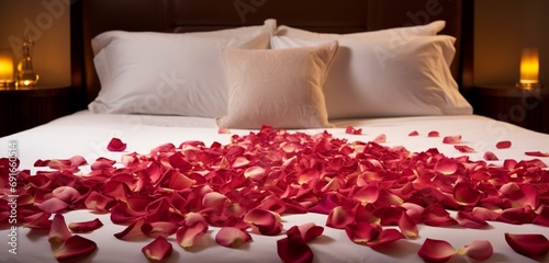 Artful arrangement of rose petals forming a romantic motif on a comfortable bed.