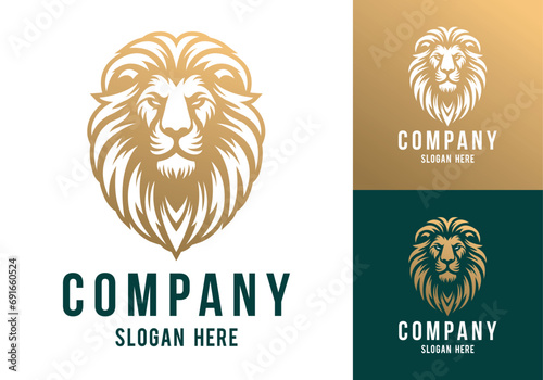 Lion head vector line art illustration isolated on dark and white background. Lion face and mane business logo design template.