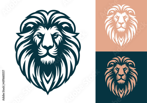 Lion face front view logotype line art eps vector art image illustration. Lion head with mane hair business company logo design and brand identity graphic.