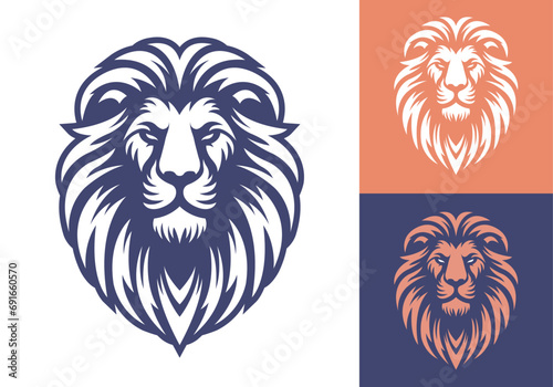 Lion head logo template design line art vector illustration isolated on white and dark backgrounds. Lion face with mane hair brand identity logotype design.