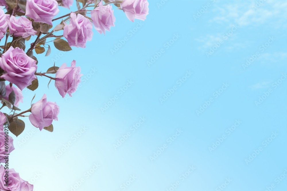 Lilac Roses Flower Border Over a Sky Blue Background With Copy Space. Copy space.