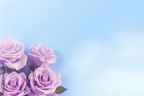 Lilac Roses Flower Border Over a Sky Blue Background With Copy Space. Copy space.