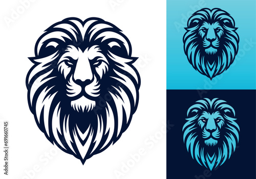 Lion head vector line art illustration isolated on dark and white background. Lion face and mane business logo design template.