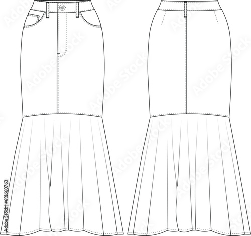 pencil cut mermaid flared skirt template technical drawing flat sketch cad mockup fashion woman design model denim jean