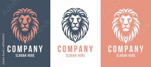 Lion face front view vector art image business company logo template, brand identity logotype on white and dark backgrounds.