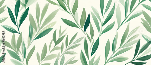 various green leaves on a beige background,  wide generative AI foliage textured pattern for backdrops © Olena Panasovska