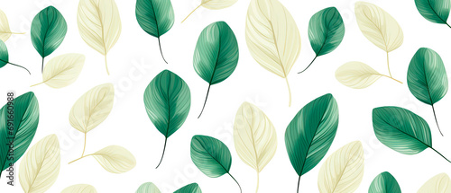 wide generative AI background with green and beige leaves, simple natural illustration 