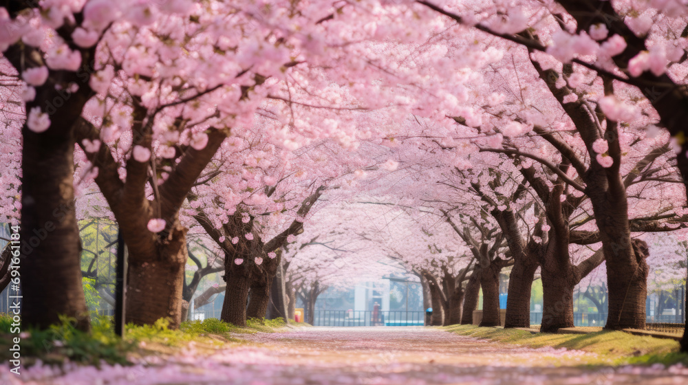 cherry blossoms in full bloom in a park, Japan