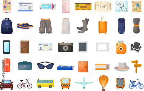 Excursion icons set cartoon vector. Travel vacation. Trip tourism bag