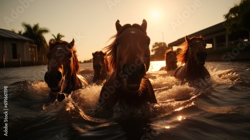 Wild horses running from the flood that attacked the village photo