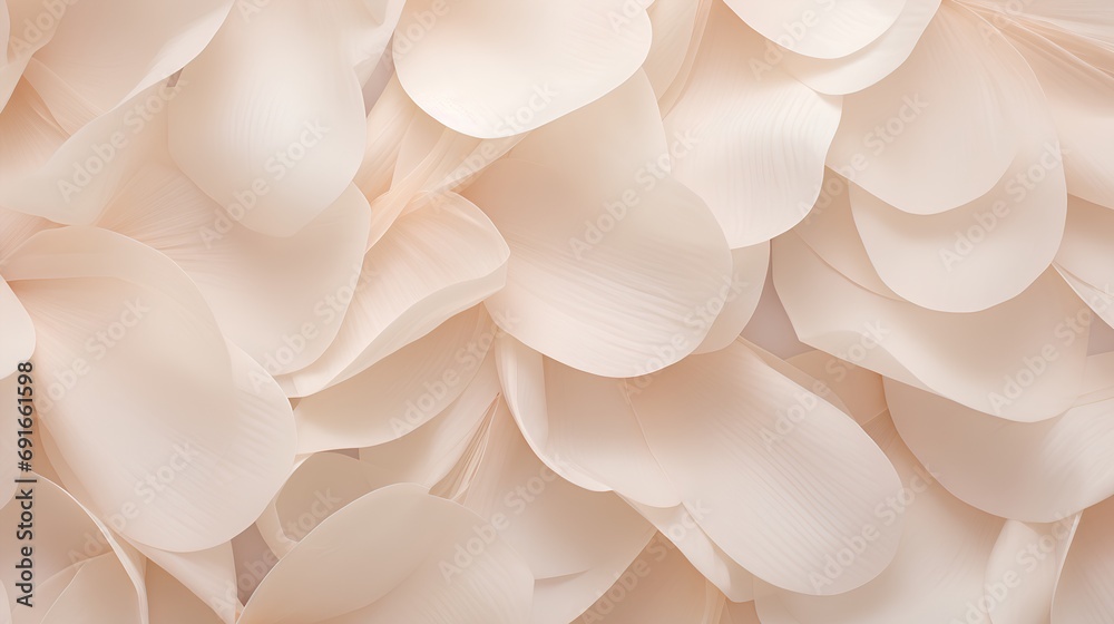 An artistic and delicate arrangement of abstract flower petals, bathed in soft pastel beige hues that evoke a sense of calm and beauty, embodying the principles of aesthetic minimalism. - obrazy, fototapety, plakaty 