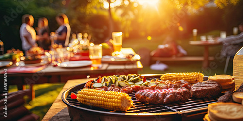 A summery barbecue scene with burgers, hot dogs, and grilled corn on the cob - Casual and outdoor vibes - Golden hour sunlight for a warm glow - Candid shot, showcasing the laid-back atmosphere of  photo