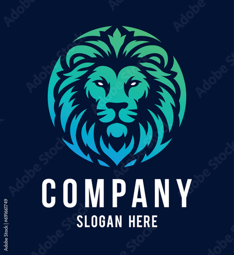 Lion head vector line art illustration isolated on dark and white background. Lion face and mane business logo design template.