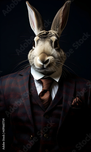 Portrait of rabbit dressed in an elegant patterned suit with tie, confident and classy high Fashion portrait of an anthropomorphic animal, posing with a charismatic human attitude