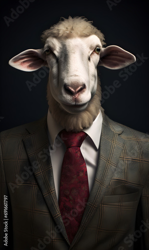 Portrait of sheep dressed in an elegant patterned suit with tie, confident and classy high Fashion portrait of an anthropomorphic animal, posing with a charismatic human attitude