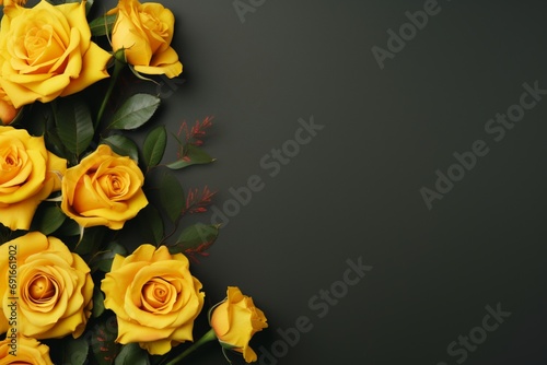 Mustard Roses Flower Border Over an Olive Background With Copy Space. Copy space.