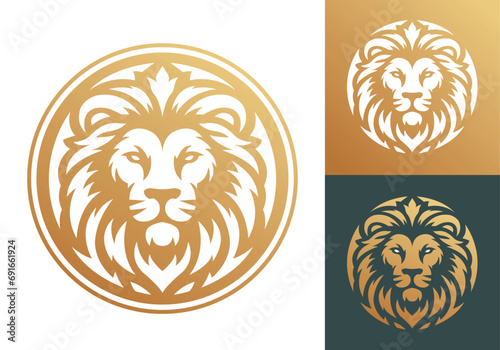 Lion face front view vector art image business company logo template, brand identity logotype on white and dark backgrounds.