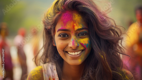 Portrait of happy Indian girl on Holi festival