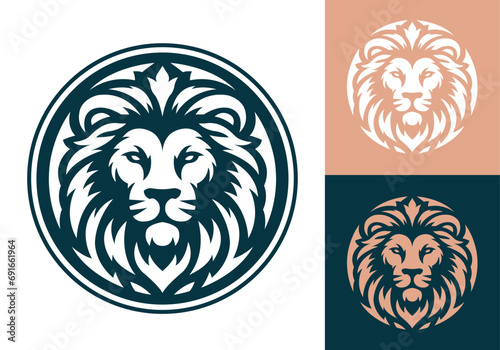 Lion head company logo vector line art illustration on black and white background. Lion face and mane business logo design.