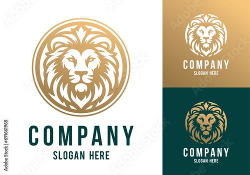 Lion head vector line art illustration isolated on dark and white background. Lion face and mane business logo design template.