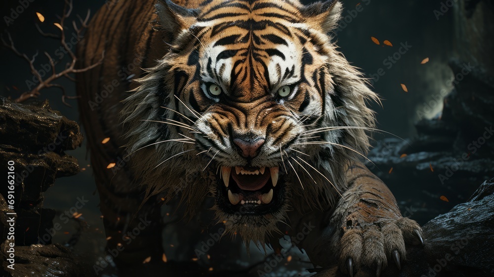 A shot of a tiger in the jungle, massive claws and paws, waterfall background - obrazy, fototapety, plakaty 