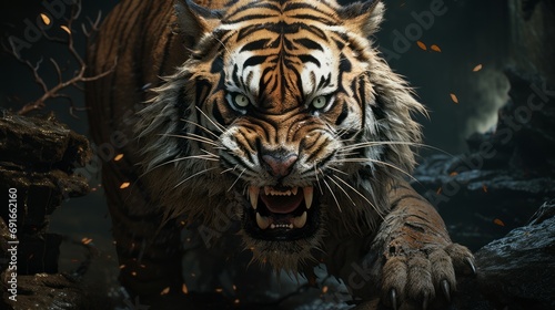 A shot of a tiger in the jungle, massive claws and paws, waterfall background photo