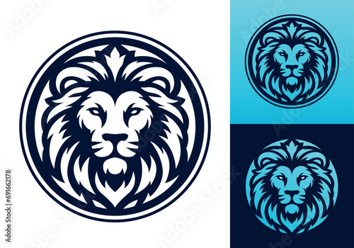 Lion face front view vector art image business company logo template, brand identity logotype on white and dark backgrounds.