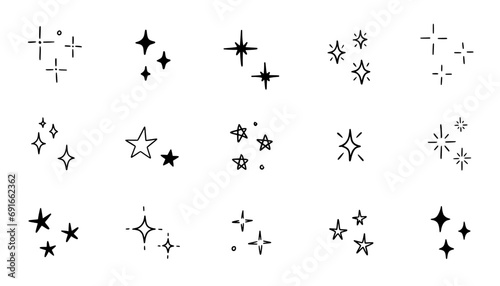 Hand drawn star sparkle shine of doodle set. Star shine twinkle glow, spark glitter, magic party light vector illustration. Hand drawn sketch doodle style line sparkle elements
