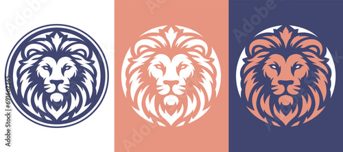 Lion head logo template design line art vector illustration isolated on white and dark backgrounds. Lion face with mane hair brand identity logotype design.