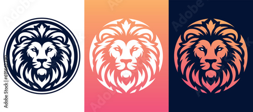 Lion face front view vector art image business company logo template, brand identity logotype on white and dark backgrounds.