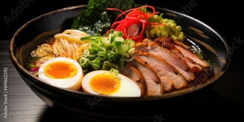 A bowl of ramen with rich miso broth, tender pork slices, and an assortment of colorful toppings - Flavorful and satisfying - Moody, low-key lighting for an intimate ramen shop feel -