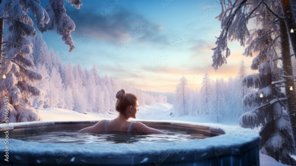 Young woman in hot tub in bathtub jacuzzi outdoors at winter day, enjoying snowy winter forest landscape at spa resort.  - obrazy, fototapety, plakaty 