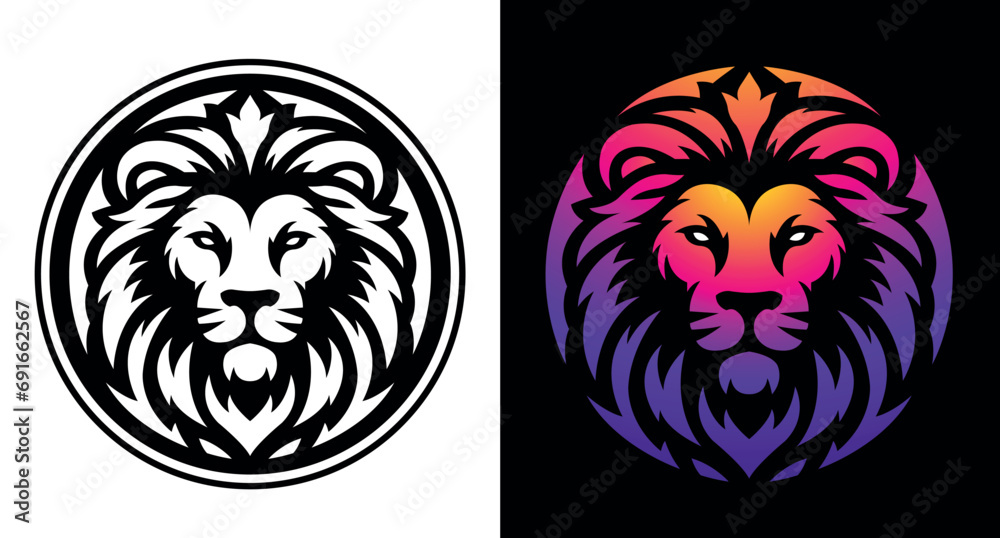 Lion head line art vector illustration isolated on white and dark background. Lion face with mane hair logo design.