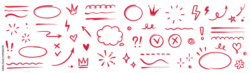 Hand drawn red highlight, text underline, emphasis mark, line shape set. Hand drawn scribble arrow, love heart, speech bubble, crown element. Marker, pen brush stroke. Vector illustration