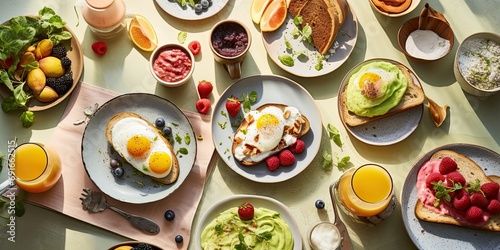 A brunch spread with avocado toast, poached eggs, and a fruit smoothie - Healthy and wholesome - Soft morning light for a fresh and inviting atmosphere - Overhead shot,
