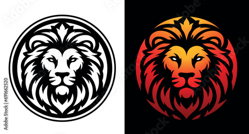 Lion head line art vector illustration isolated on white and dark background. Lion face with mane hair logo design.