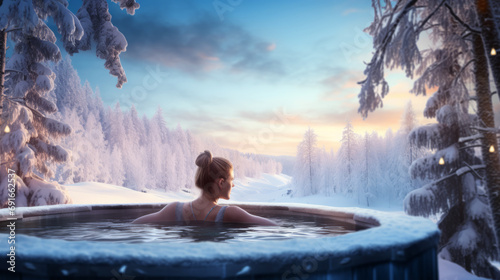 Young woman in hot tub in bathtub jacuzzi outdoors at winter day, enjoying snowy winter forest landscape at spa resort. 
