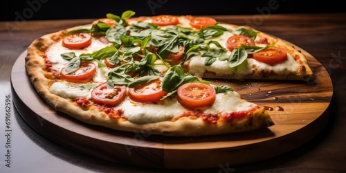 A classic Margherita pizza with fresh tomatoes, mozzarella, and basil on a thin, crispy crust - Simple and delicious - Soft, ambient lighting for an inviting look - Overhead shot,