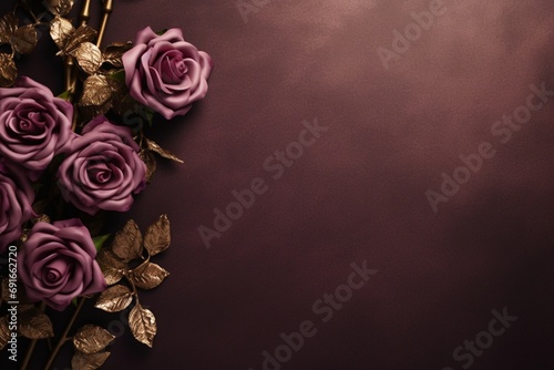 Plum Roses Flower Border Over a Bronze Background With Copy Space. Copy space.