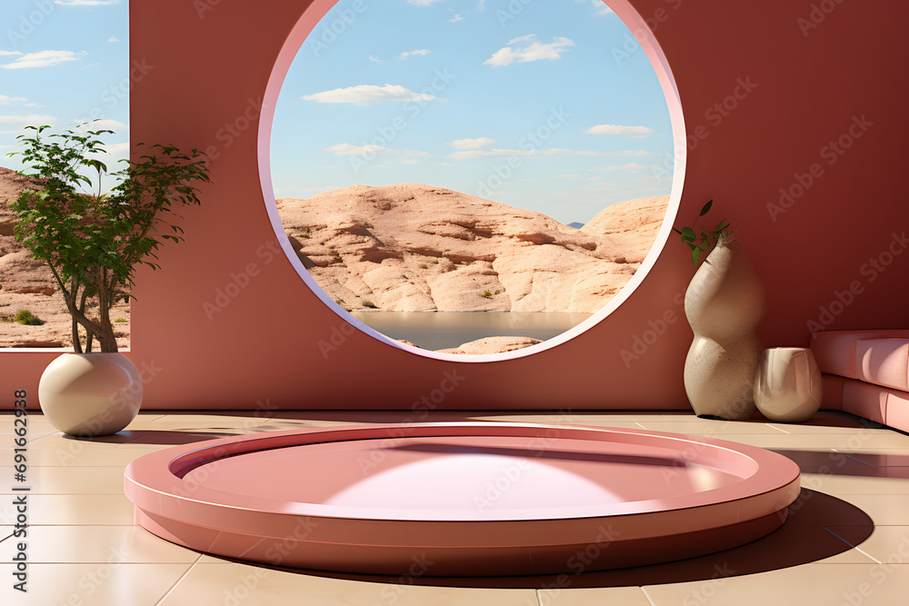 a round pink pedestal, a podium for the presentation of cosmetics. empty backdrop. product display.